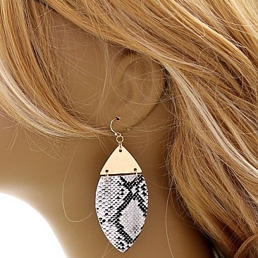 Metal Top Snake Print Marquise Leather Earring