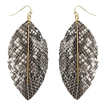 Trendy Snake Print Leather Feather Theme Marquise Earrings MH-CE1995