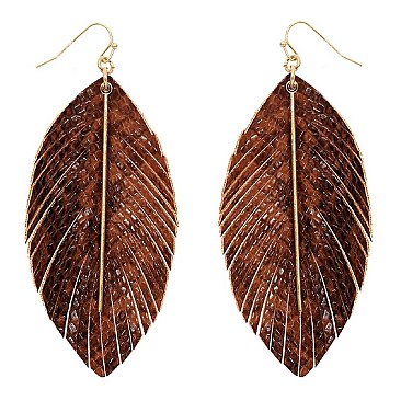 Trendy Snake Print Leather Feather Theme Marquise Earrings MH-CE1995