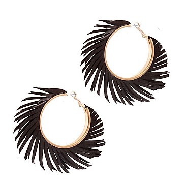 Chic Pigskin Leather Fringed Hippie Hobo Hinge Hoop Earring MH-CE2250