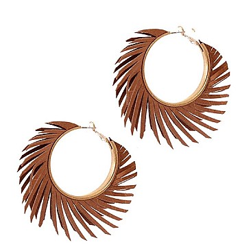 Chic Pigskin Leather Fringed Hippie Hobo Hinge Hoop Earring MH-CE2250