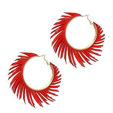 Chic Pigskin Leather Fringed Hippie Hobo Hinge Hoop Earring MH-CE2250