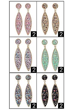 PACK OF 12 TRENDY ASSORTED COLOR GLITTER DANGLE EARRING