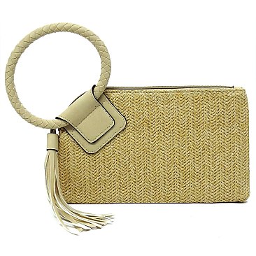 Fashion Straw Cuff Handle Tassel Wristlet Clutch