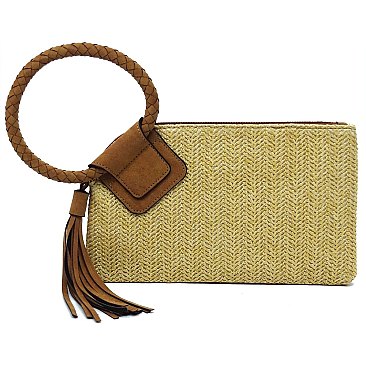 Fashion Straw Cuff Handle Tassel Wristlet Clutch