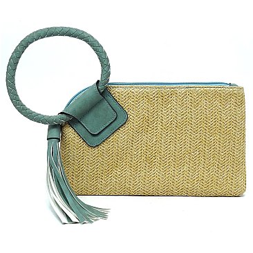 Fashion Straw Cuff Handle Tassel Wristlet Clutch