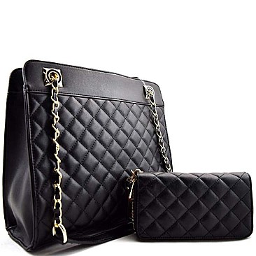 Fancy Quilted Chain Handle Tote with Matching Wallet