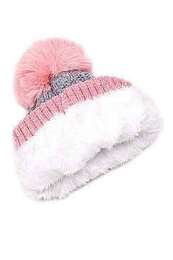 PACK OF 12 FASHION ASSORTED COLOR FUR LINED POMPOM KNITTED BEANIES