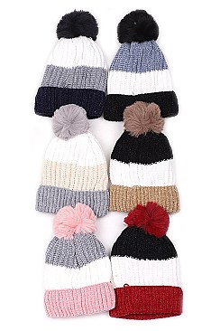 PACK OF 12 FASHION ASSORTED COLOR FUR LINED POMPOM KNITTED BEANIES