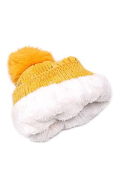 PACK OF 12 TRENDY ASSORTED COLOR FUR LINED POMPOM KNITTED BEANIES