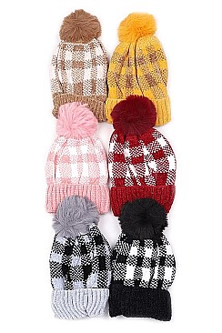 PACK OF 12 TRENDY ASSORTED COLOR FUR LINED POMPOM KNITTED BEANIES