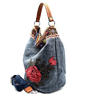 CJF014-LP Flower and Ethnic Embroidery Linen Hobo