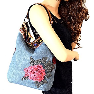 CJF014-LP Flower and Ethnic Embroidery Linen Hobo