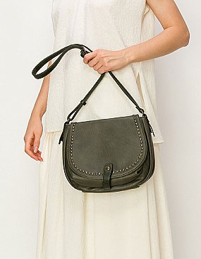 Vintage Studded Flap Saddle Crossbody Bag