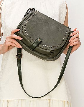 Vintage Studded Flap Saddle Crossbody Bag