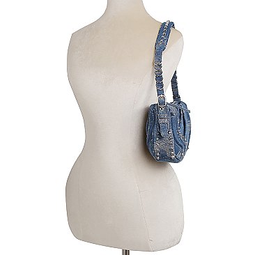 Vintage Denim Studded Shoulder Bag