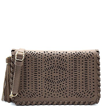 CLA46506-LP Madison West Unique Laser-cut Flap Clutch Cross Body