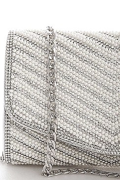 DESIGNER CUTE PEARL AND RHINESTONE PARTY CLUTCH WITH CHAIN