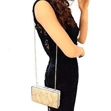 CLR56032-LP Starlet Snake Print Rhinestone Metal Frame Clutch