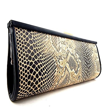 Snake Print Embossed Clasped Clutch