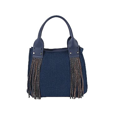 TASSEL DETAIL DENIM CROSSBODY TOTE