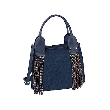 TASSEL DETAIL DENIM CROSSBODY TOTE