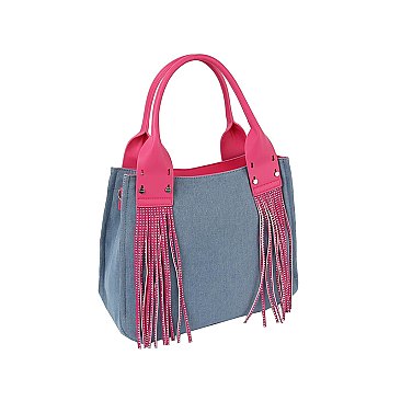 TASSEL DETAIL DENIM CROSSBODY TOTE