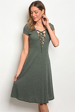 Ribbed Short Sleeves Lace Up Midi Dress - Pack of 6 Pieces