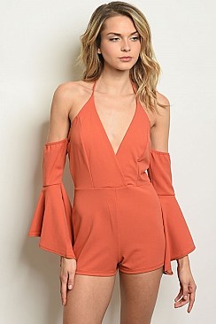 Cold Shoulder Fitted Romper with A Halter V Neckline and Long Sleeves with Ruffle Detail - Pack o...