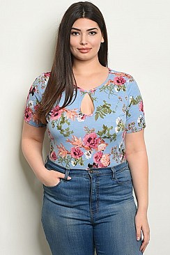 Plus Size Short Sleeve Bodysuit with Floral Prints and a Crew Neckline - Pack of 7 Pieces