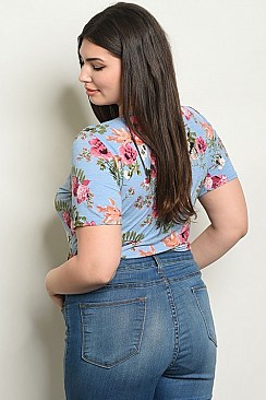Plus Size Short Sleeve Bodysuit with Floral Prints and a Crew Neckline - Pack of 7 Pieces
