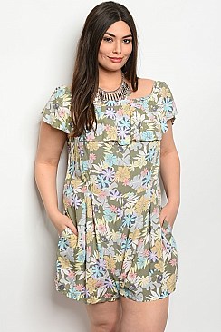 Plus Size Olive Floral Print Romper - Pack of 6 Pieces