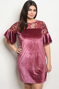 Plus Size Mauve Velvet Shift Dress (Pack of 6 Pieces)