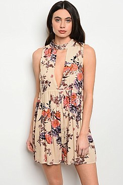 Sleeveless Mock-Neck Floral Print Romper - Pack of 6 Pieces