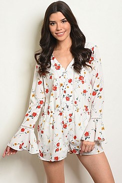 Long Bell Sleeve Smock Waist Floral Print Romper - Pack of 6 Pieces