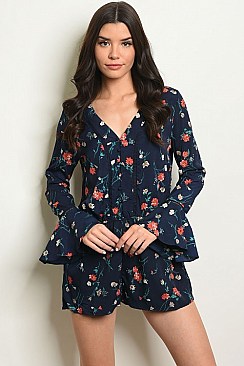 Long Bell Sleeve Smock Waist Floral Print Romper - Pack of 6 Pieces