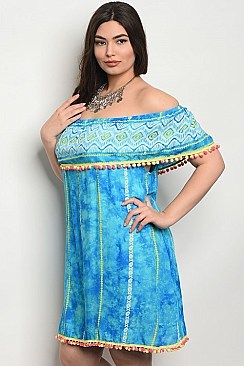 Plus Size Off the Shoulder Ruffled Tie Dye Tunic Dress - Pack of 6 Pieces