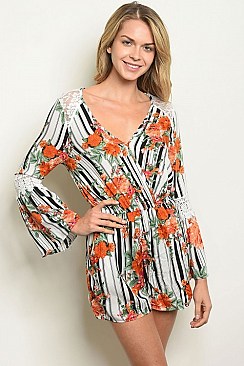 Long Bell Sleeve Crochet Trim Floral Print Romper - Pack of 6 Pieces