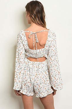 Long Bell Sleeve Lace Up Front Detail Floral Romper - Pack of 6 Pieces