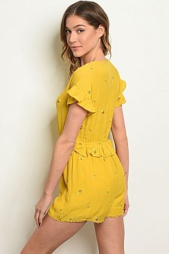 Short Sleeve V-neck Ruffle Detail Floral Embroidery Romper - Pack of 6 Pieces