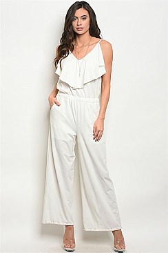 Sleeveless V-neck Ruffle Detail Smock Waist Soft Jersey Jumpsuit - Pack of 6 Pieces