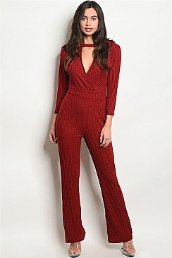 Long Sleeve Choker Neck Plunging Neckline Ribbed Jumpsuit - Pack of 6 Pieces