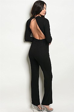 Long Sleeve Choker Neck Plunging Neckline Ribbed Jumpsuit - Pack of 6 Pieces