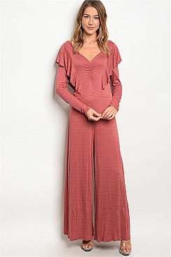 Long Sleeve V-neck Ruffled Wide Leg Jumpsuit - Pack of 6 Pieces