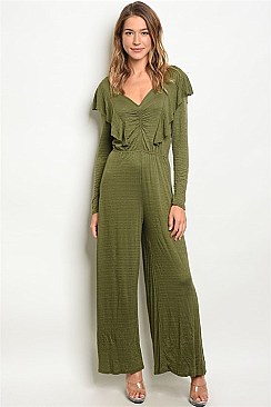 Long Sleeve V-neck Ruffled Wide Leg Jumpsuit - Pack of 6 Pieces