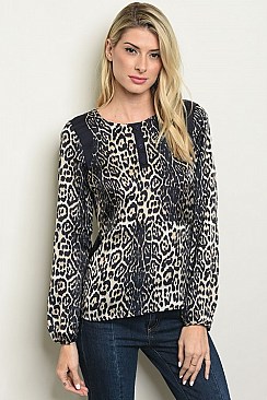 Long Sleeve Scoop Neck Leopard Print Blouse - Pack of 6 Pieces