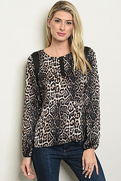 Long Sleeve Scoop Neck Leopard Print Blouse - Pack of 6 Pieces