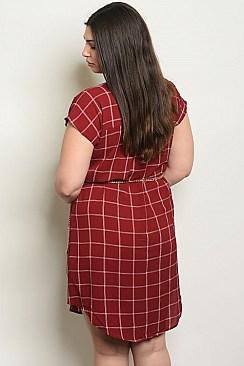 Plus Size Short Sleeve Scoop Neck Checkered Belted Dress - Pack of 6 Pieces