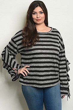 Plus Size Ruffled Long Sleeves Striped Jersey Tunic Top - Pack of 6 Pieces