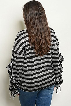 Plus Size Ruffled Long Sleeves Striped Jersey Tunic Top - Pack of 6 Pieces